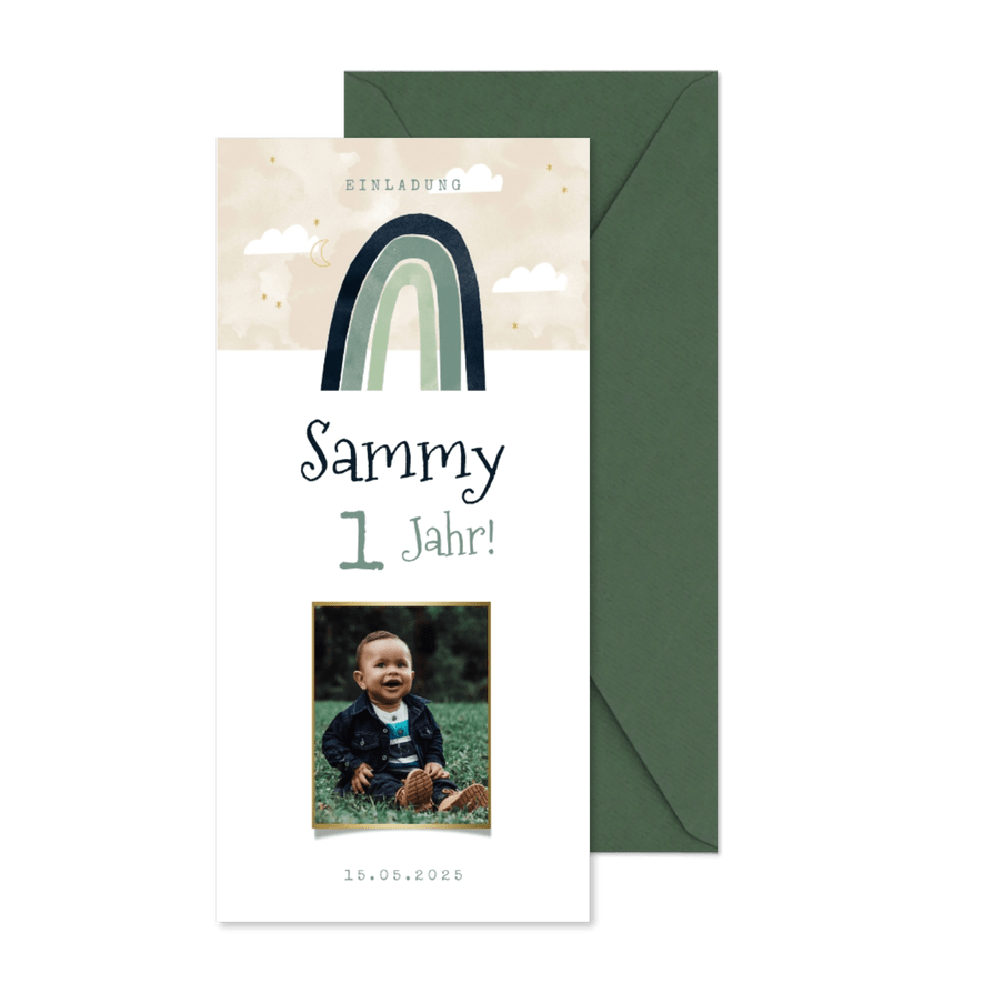 Längliche Einladung Kindergeburtstag mit Foto & Regenbogen - Karteneindruck