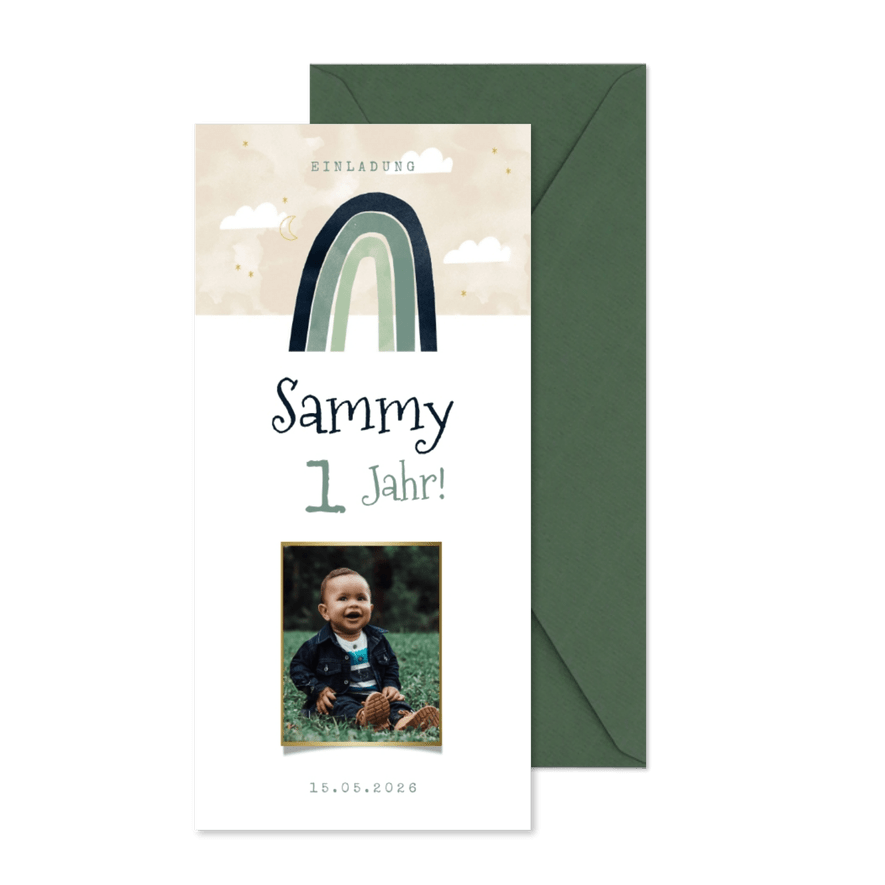 Längliche Einladung Kindergeburtstag mit Foto & Regenbogen - Karteneindruck
