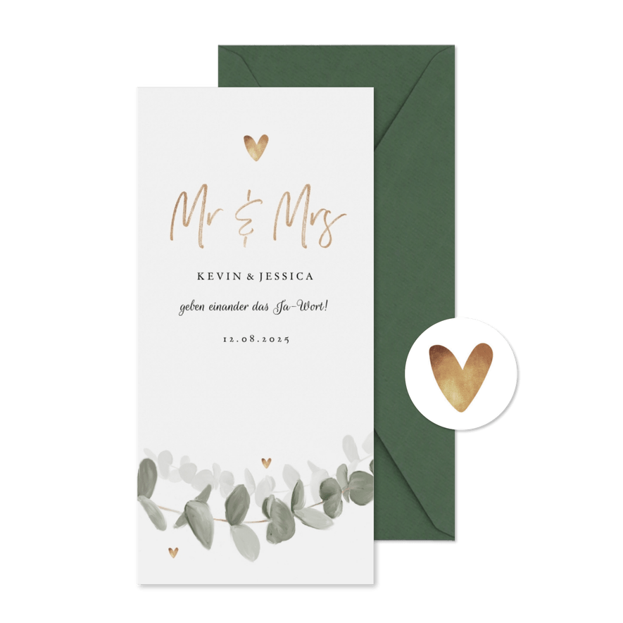 Längliche Einladungskarte Hochzeit Eukalyptusblatt  - Karteneindruck
