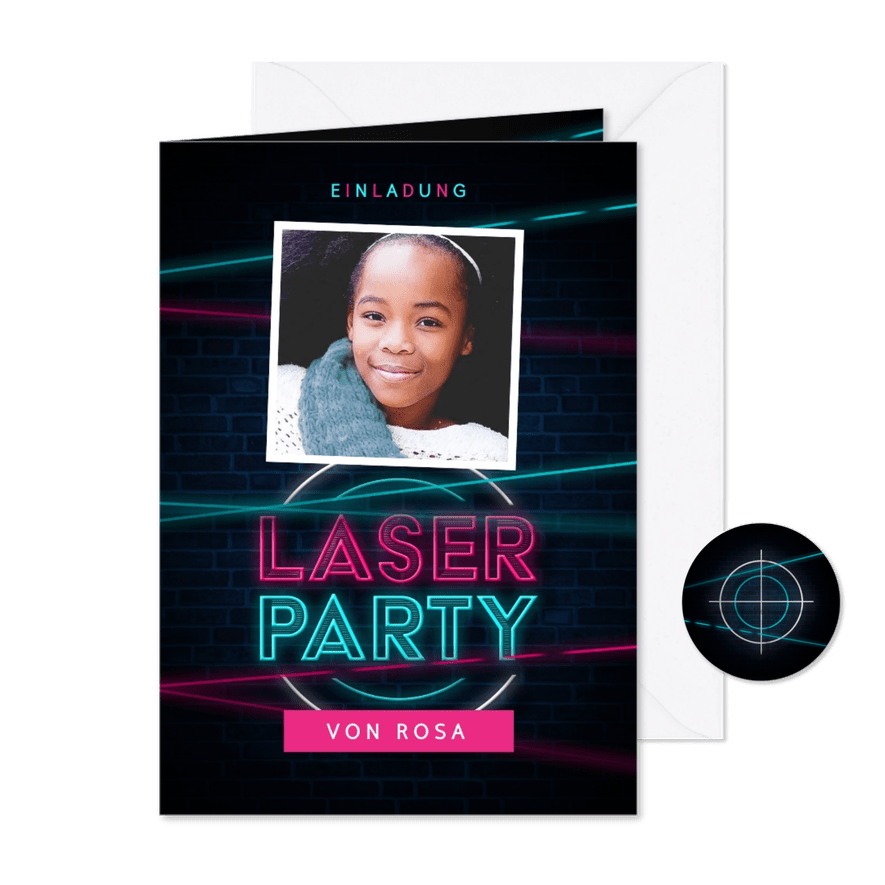 Lasertag Kindergeburtstag Einladung rosa mit Foto - Karteneindruck
