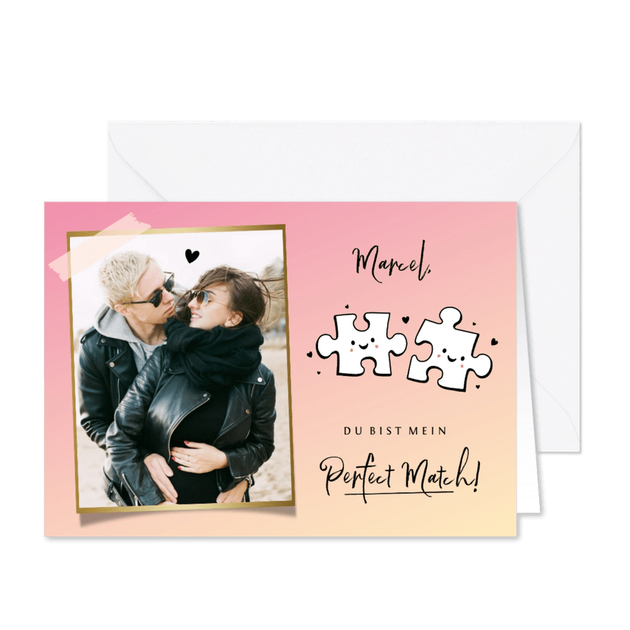 Liebeskarte mit Puzzleteilen und Foto - Karteneindruck
