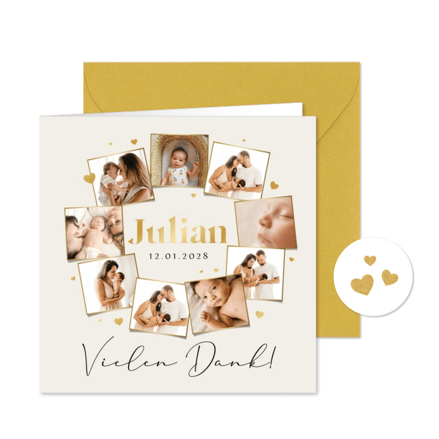 Liebevolle Adoptionskarte Golddruck, Naturtöne & Fotocollage - Karteneindruck
