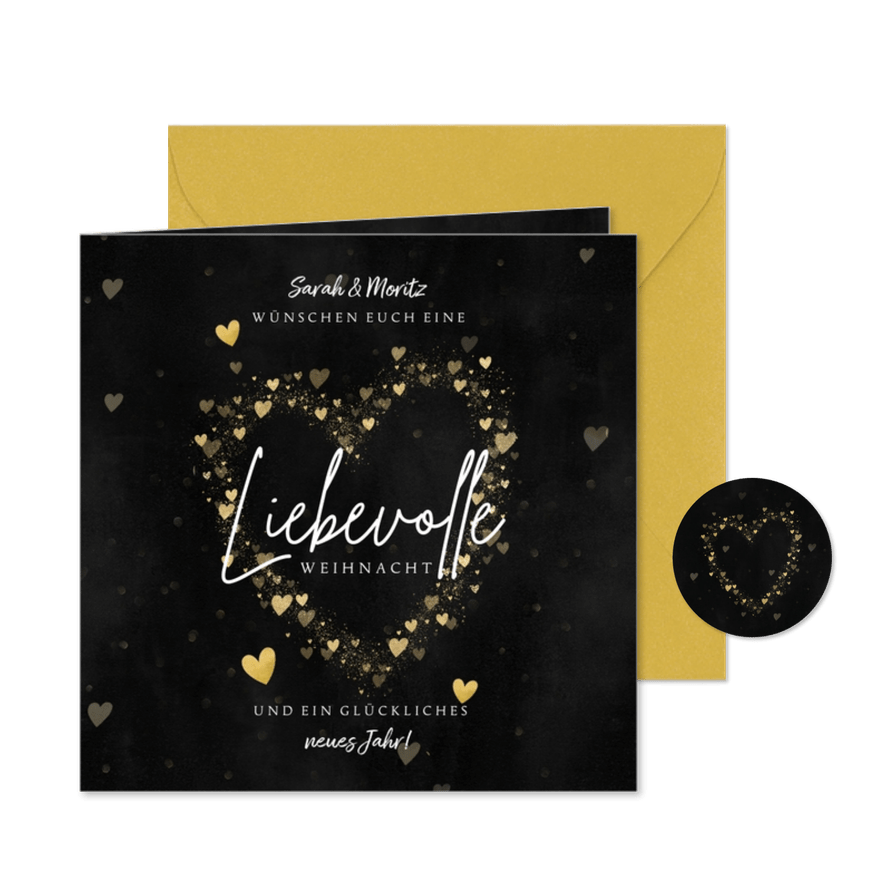 Liebevolle Weihnachtskarte mit goldenen Herzen und Foto - Karteneindruck
