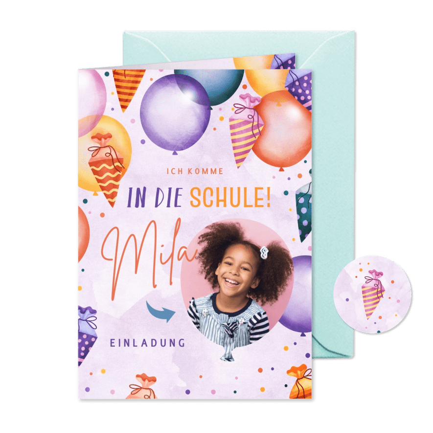 Lila Einladung zur Einschulung Ballons & Schultüten - Karteneindruck
