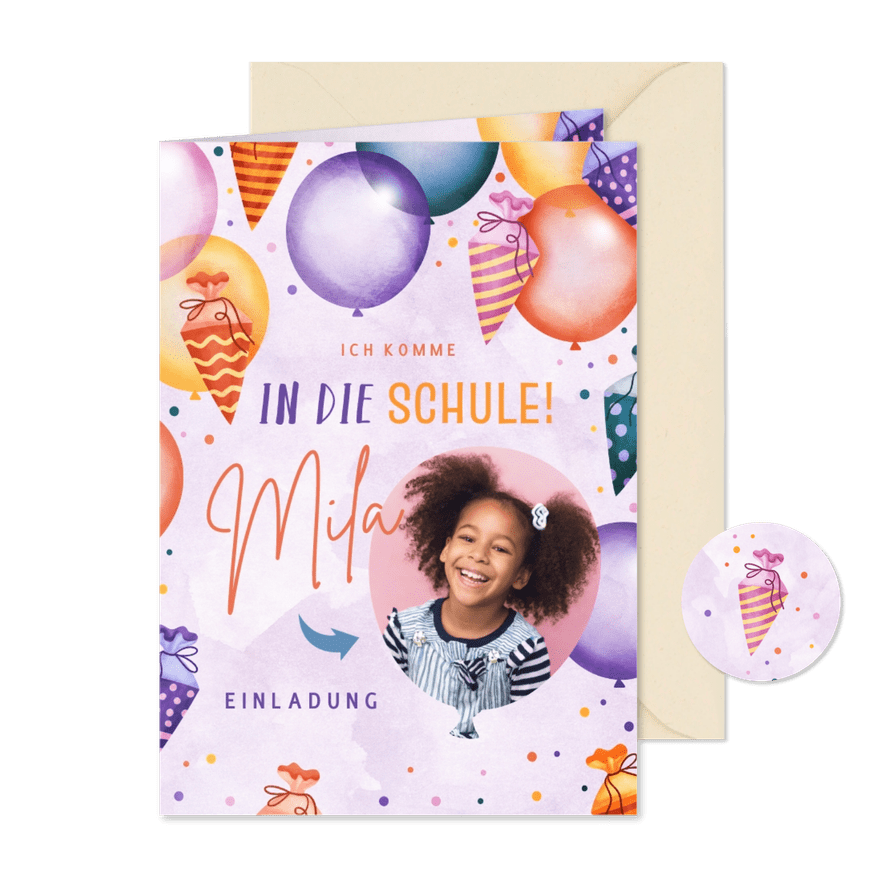 Lila Einladung zur Einschulung Ballons & Schultüten - Kartenvorschau