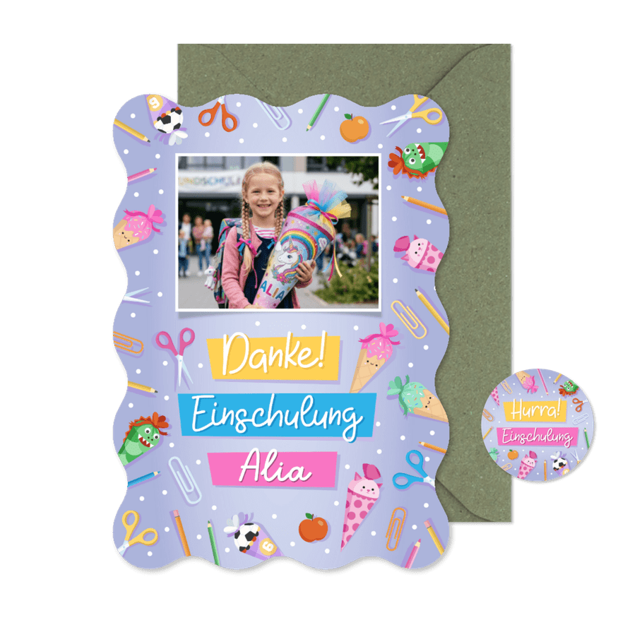 Lila Foto-Danksagung 1. Schultag Wellenform bunte Symbole - Kartenvorschau