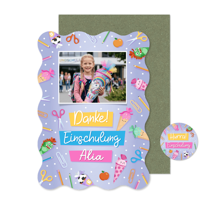 Lila Foto-Danksagung 1. Schultag Wellenform bunte Symbole - Karteneindruck
