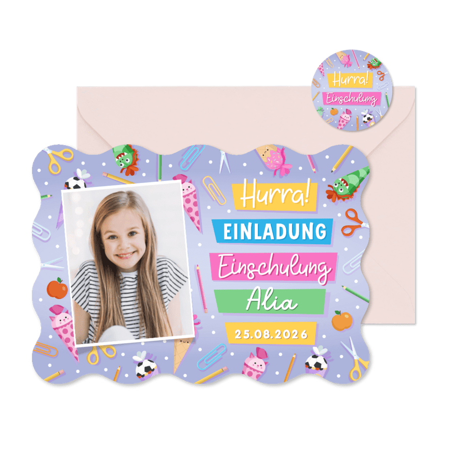 Lila Foto-Einladung 1. Schultag Wellenform bunte Symbole - Kartenvorschau
