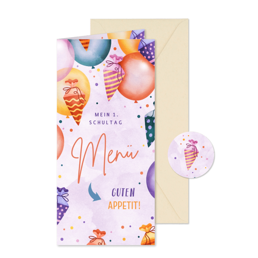 Lila Menükarte Einschulung Ballons & Schultüten - Karteneindruck