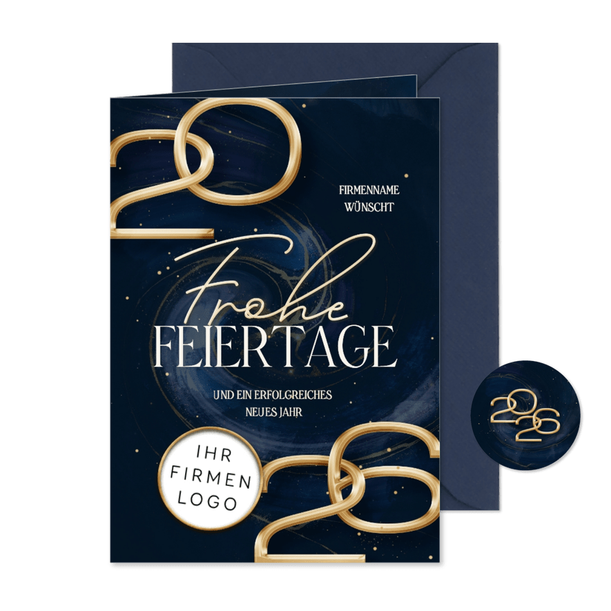 Logo-Weihnachtskarte Marmoroptik 2026 dunkelblau - Karteneindruck
