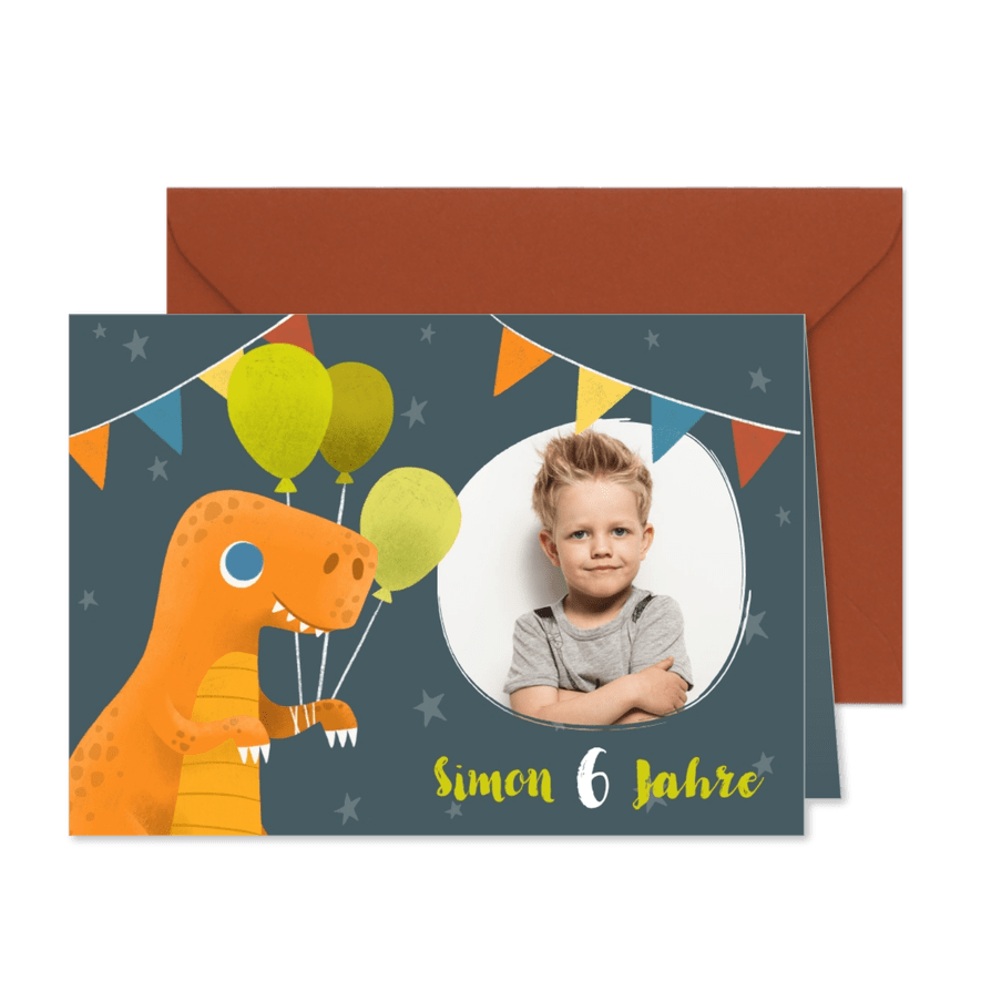 Lustige Dino-Einladung zum 6. Kindergeburtstag mit Foto - Kartenvorschau