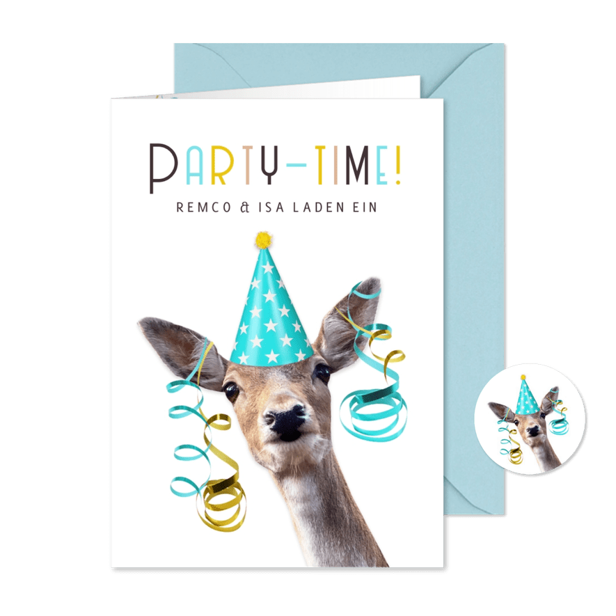 Lustige Einladung 'Party-Time' Reh mit Lutschlangen - Karteneindruck
