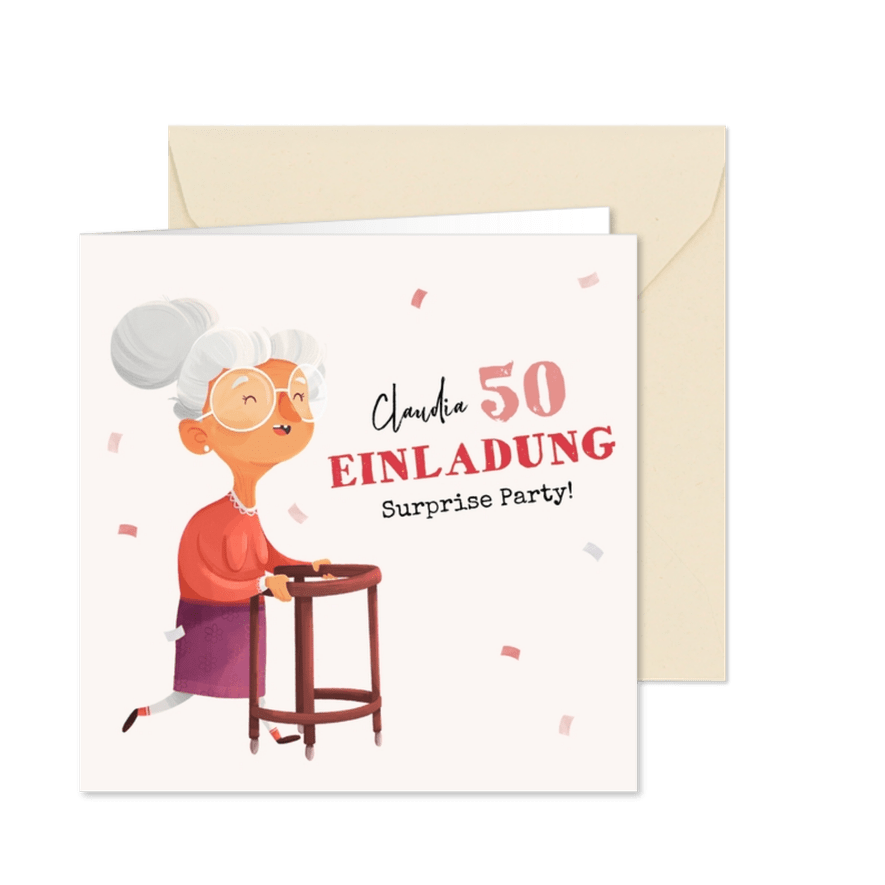 Lustige Geburtstagseinladung Oma mit Rollator - Karteneindruck
