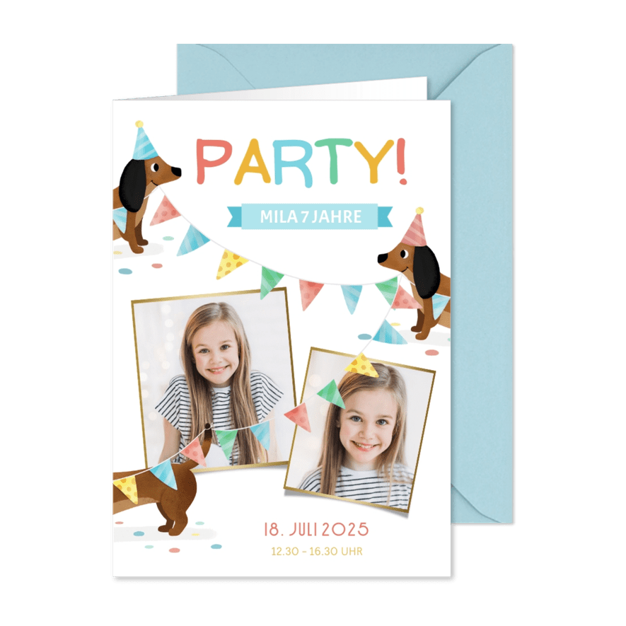 Lustige Kindergeburtstagseinladung Dackel mit Girlande - Karteneindruck
