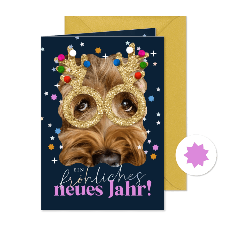 Lustige Neujahrsgrüße Foto, Brille & Sternchen - Karteneindruck