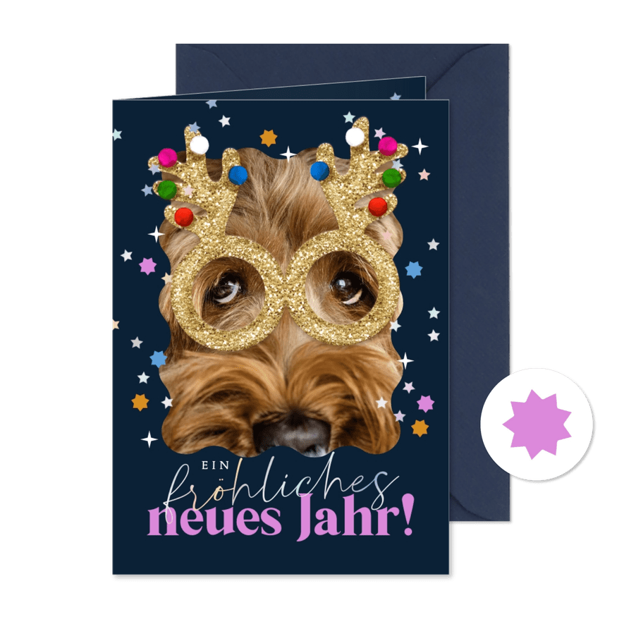 Lustige Neujahrsgrüße Foto, Brille & Sternchen - Karteneindruck