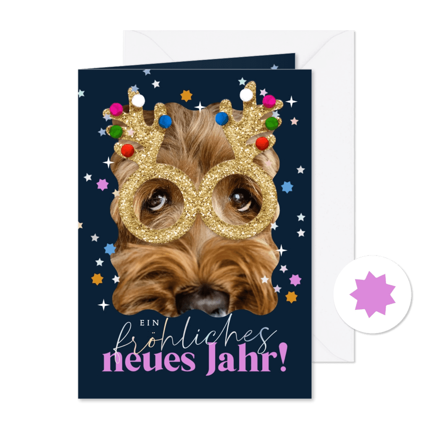 Lustige Neujahrsgrüße Foto, Brille & Sternchen - Karteneindruck