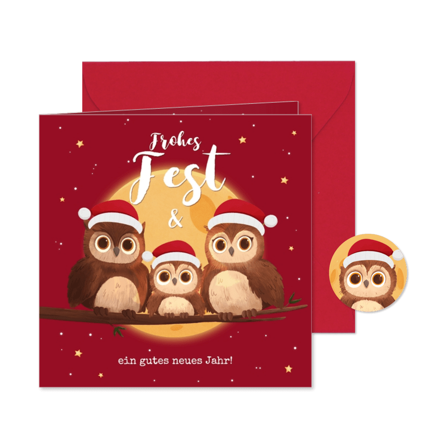 Lustige Weihnachtskarte 3 kleine Eulen mit Mütze - Karteneindruck
