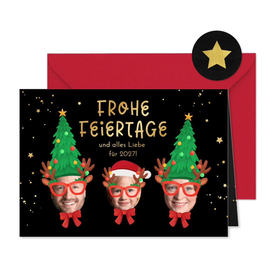 Lustige Weihnachtskarte 3 Porträts mit Hüten und Brillen - Kartenvorschau