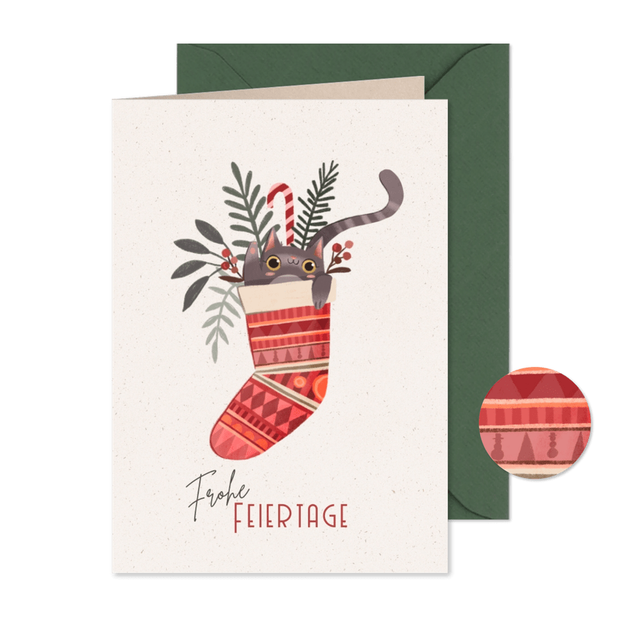 Lustige Weihnachtskarte Katze in Socke - Karteneindruck
