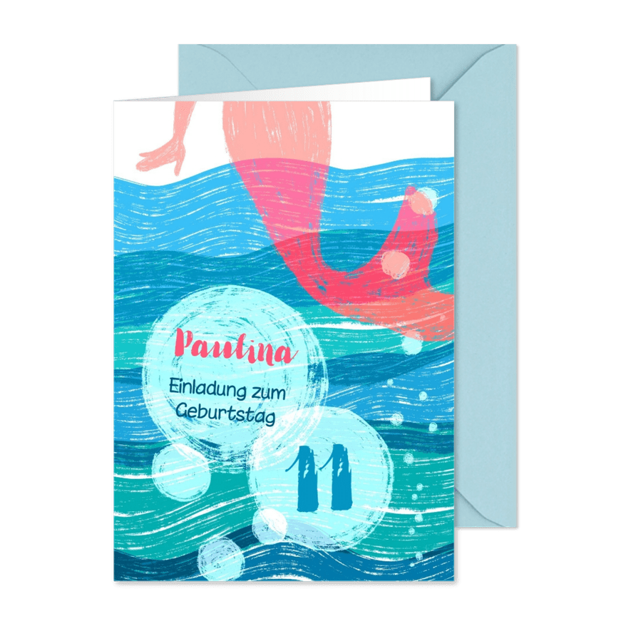 Meerjungfrau Einladung zur Schwimmparty 11. Geburtstag - Karteneindruck
