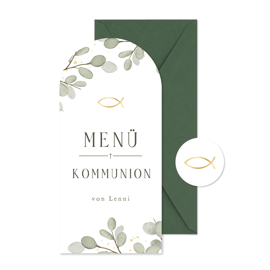 Menü Bogenkarte Kommunion Eukalyptuszweige Ichtyus - Karteneindruck
