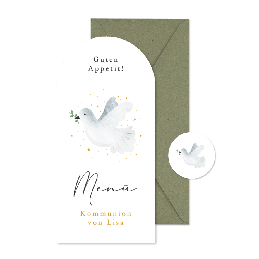 Menü Bogenkarte Kommunion weiße Taube Sternchen - Karteneindruck
