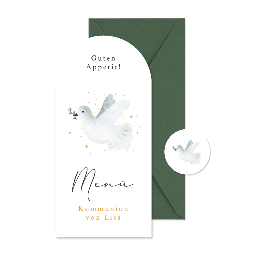 Menü Bogenkarte Kommunion weiße Taube Sternchen - Karteneindruck
