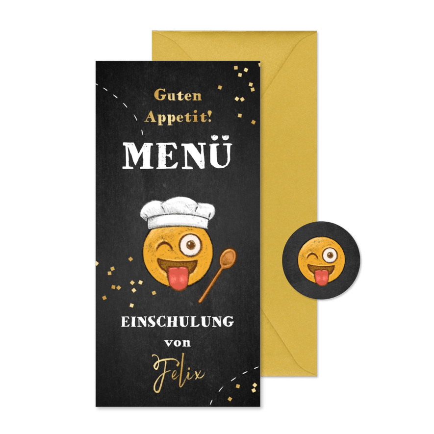 Menü Einschulung Emoji mit Kochmütze - Karteneindruck