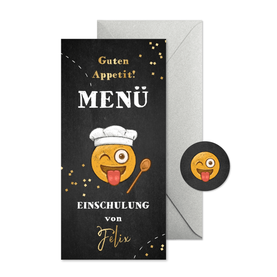 Menü Einschulung Emoji mit Kochmütze - Karteneindruck
