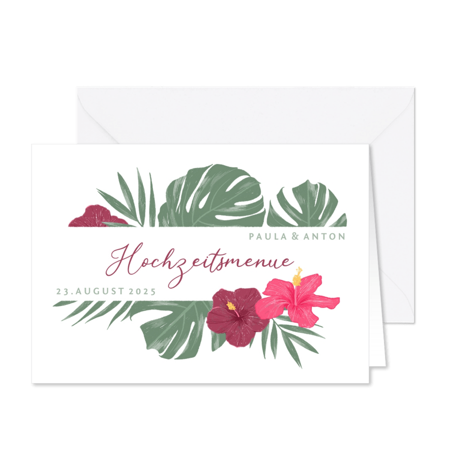 Menue-Karte Hochzeit mit Hibiskus - Karteneindruck