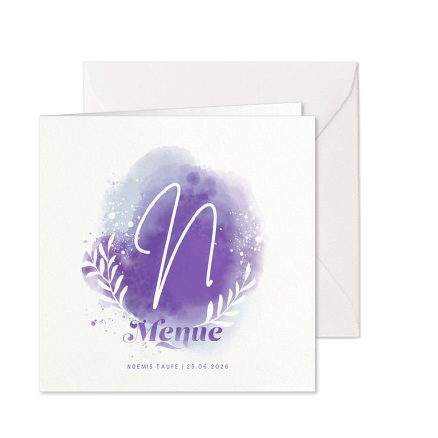 Menue-Karte Taufe mit Initialen & Wasserfarbe Violett - Karteneindruck