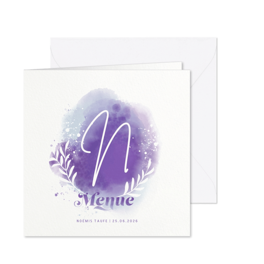 Menue-Karte Taufe mit Initialen & Wasserfarbe Violett - Karteneindruck

