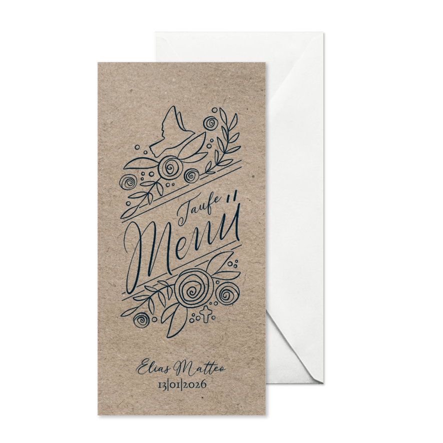 Menü zur Taufe Rosen und Lettering - Karteneindruck
