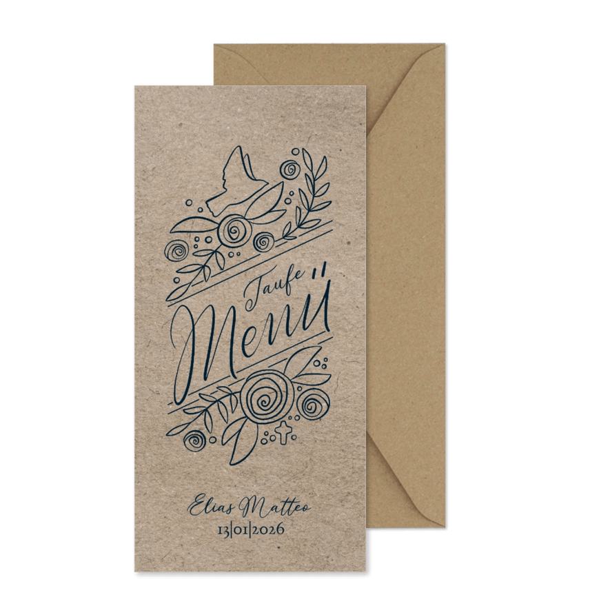 Menü zur Taufe Rosen und Lettering - Karteneindruck
