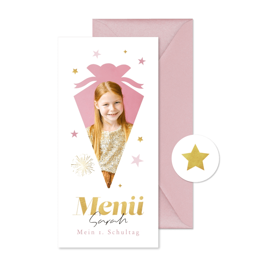 Menükarte 1. Schultag Foto in Schultütenform - Karteneindruck
