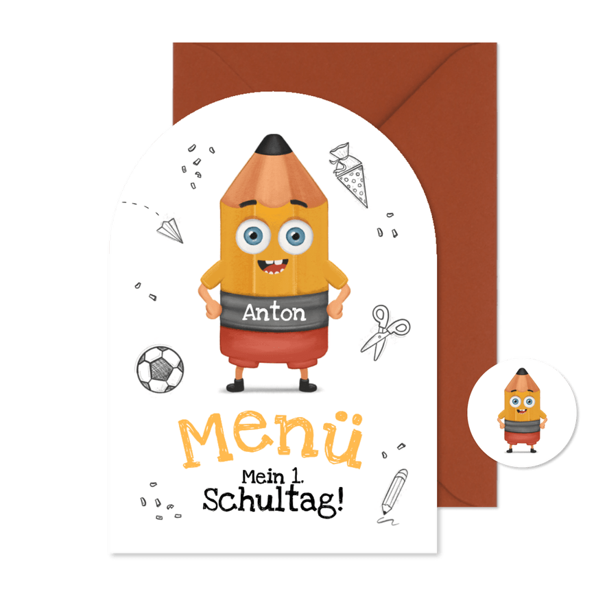 Menükarte 1. Schultag lustiger gelber Bleistift - Kartenvorschau