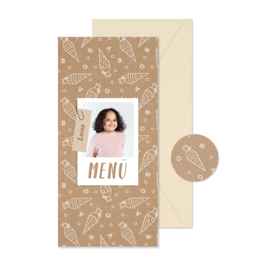 Menükarte 1. Schultag Schultüten Kraftpapierlook - Karteneindruck