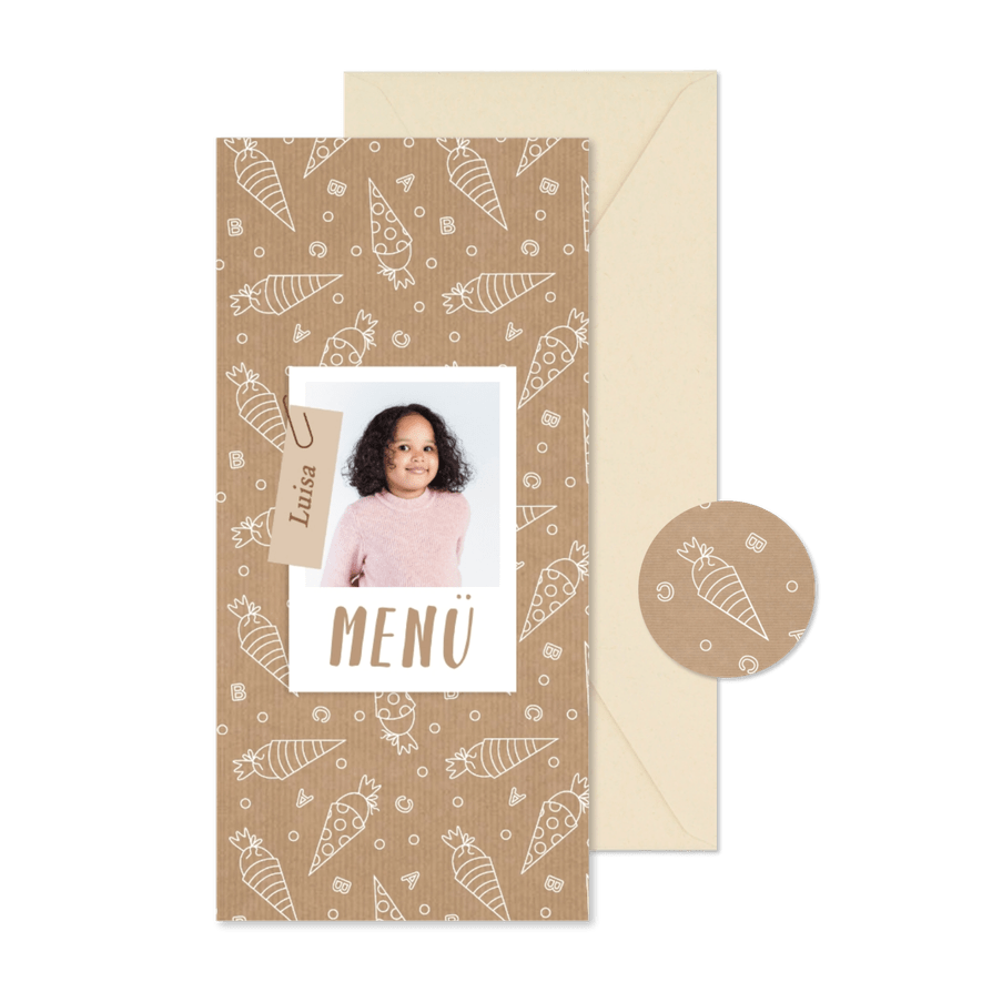 Menükarte 1. Schultag Schultüten Kraftpapierlook - Karteneindruck