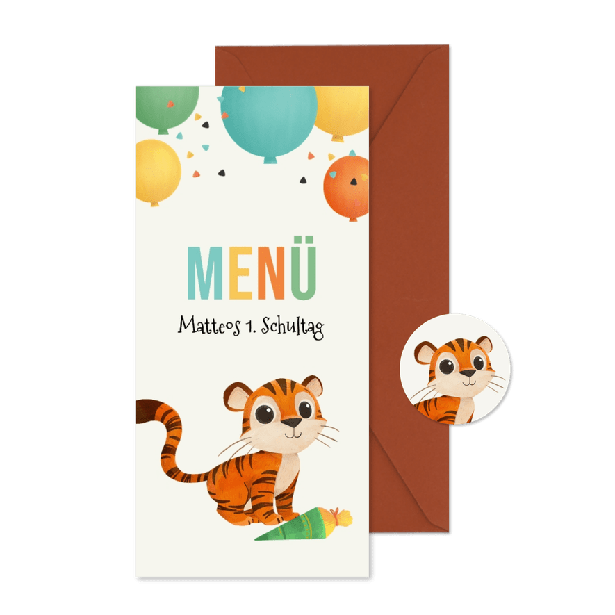 Menükarte 1. Schultag Tiger & Luftballons - Karteneindruck
