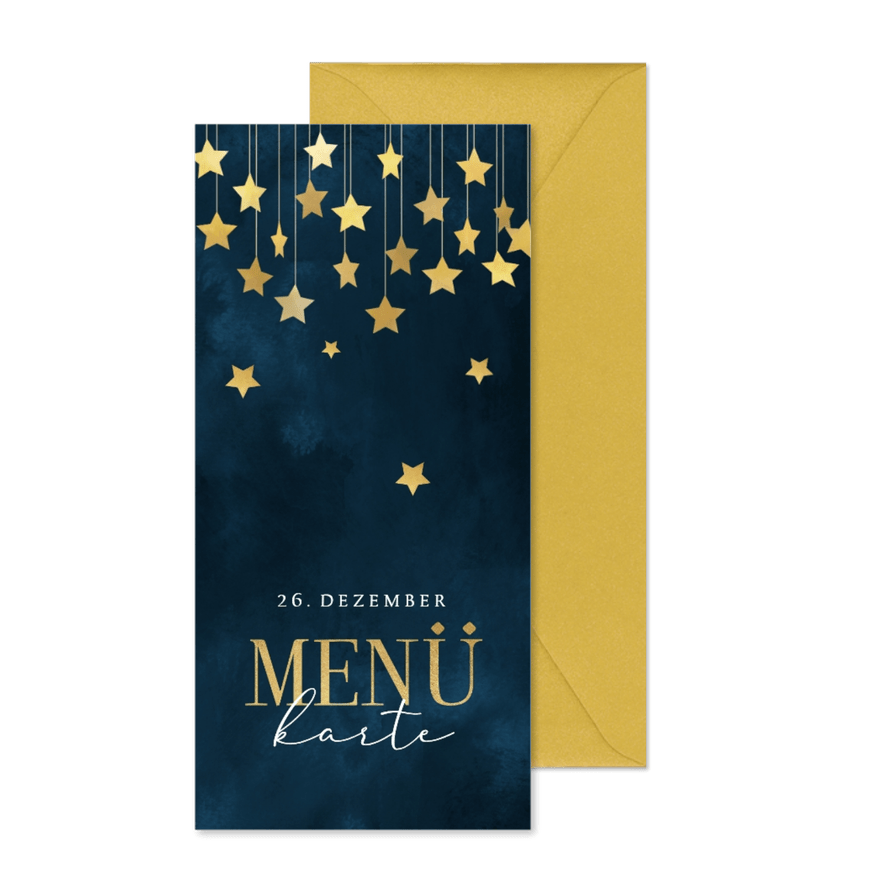 Menükarte blau Aquarell goldene Sterne Weihnachten - Karteneindruck
