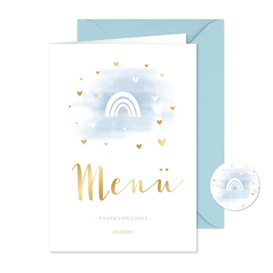 Menükarte blau Aquarell Herzen & Regenbogen - Karteneindruck
