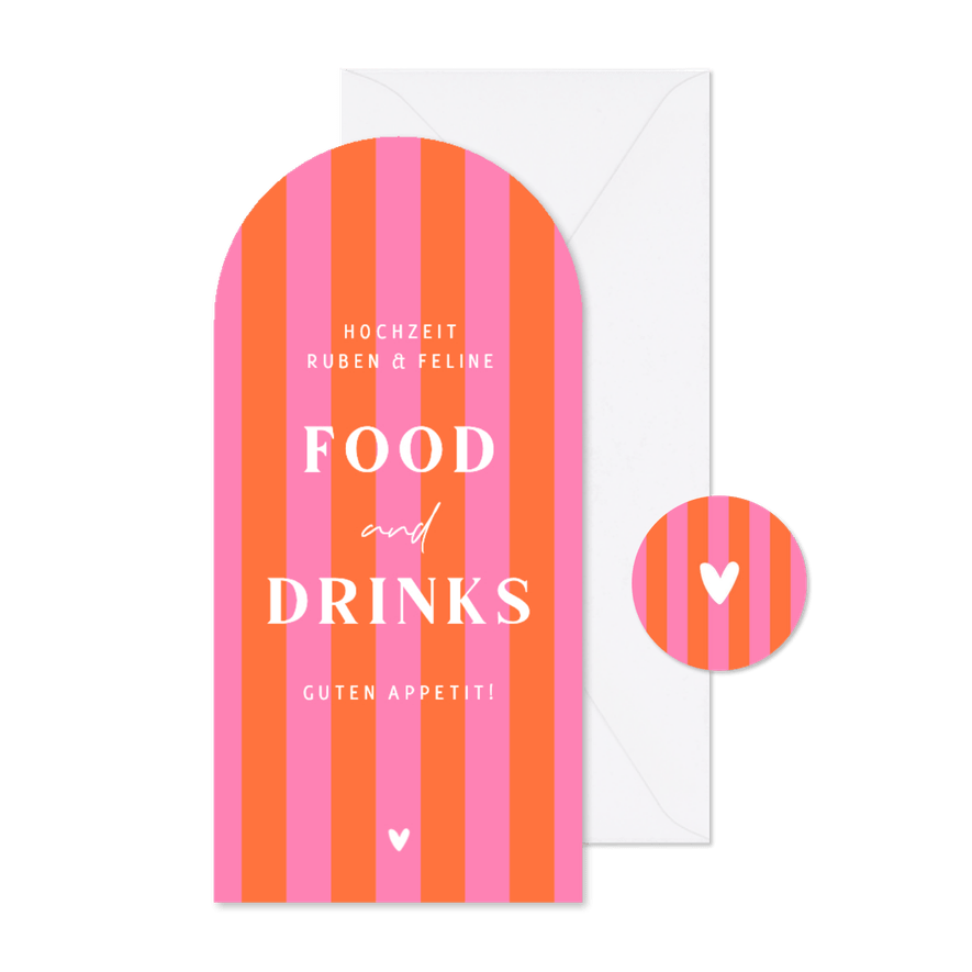 Menükarte Bogenform gestreift in Colorblocking Rosa Orange - Karteneindruck
