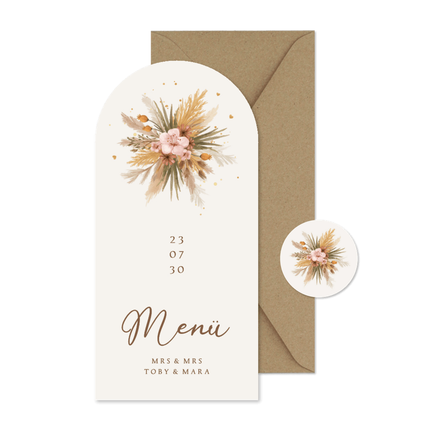 Menükarte Boho-Hochzeit Blumenstrauß Trockenblumen Bogen - Kartenvorschau

