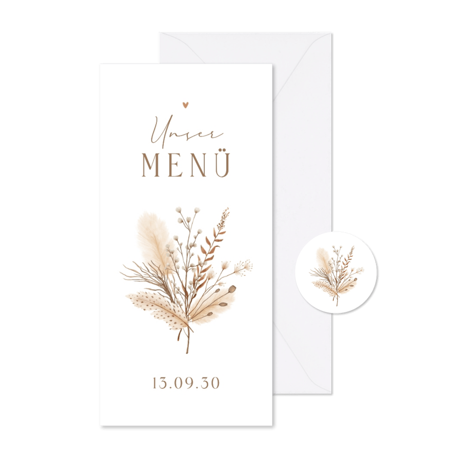 Menükarte Boho-Hochzeit Trockenzweige 'Unser Menü' - Karteneindruck
