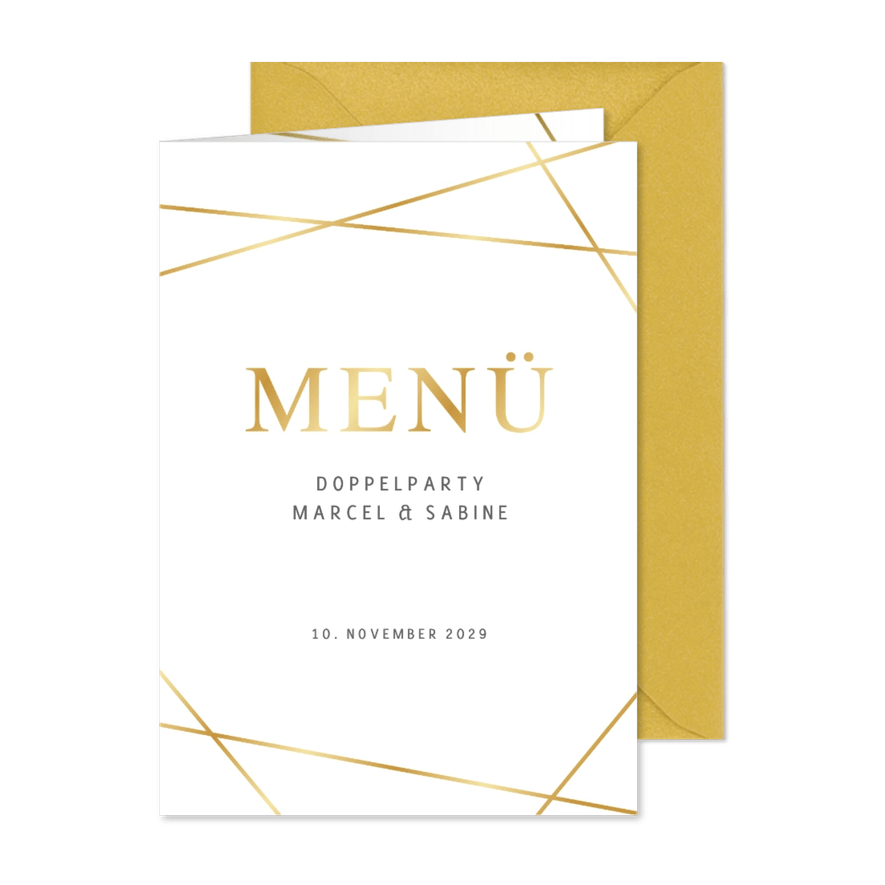 Menükarte Doppelparty goldene Linien auf weiß - Karteneindruck