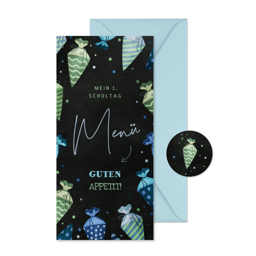 Menükarte Einschulung blau-grüne Schultüten - Karteneindruck
