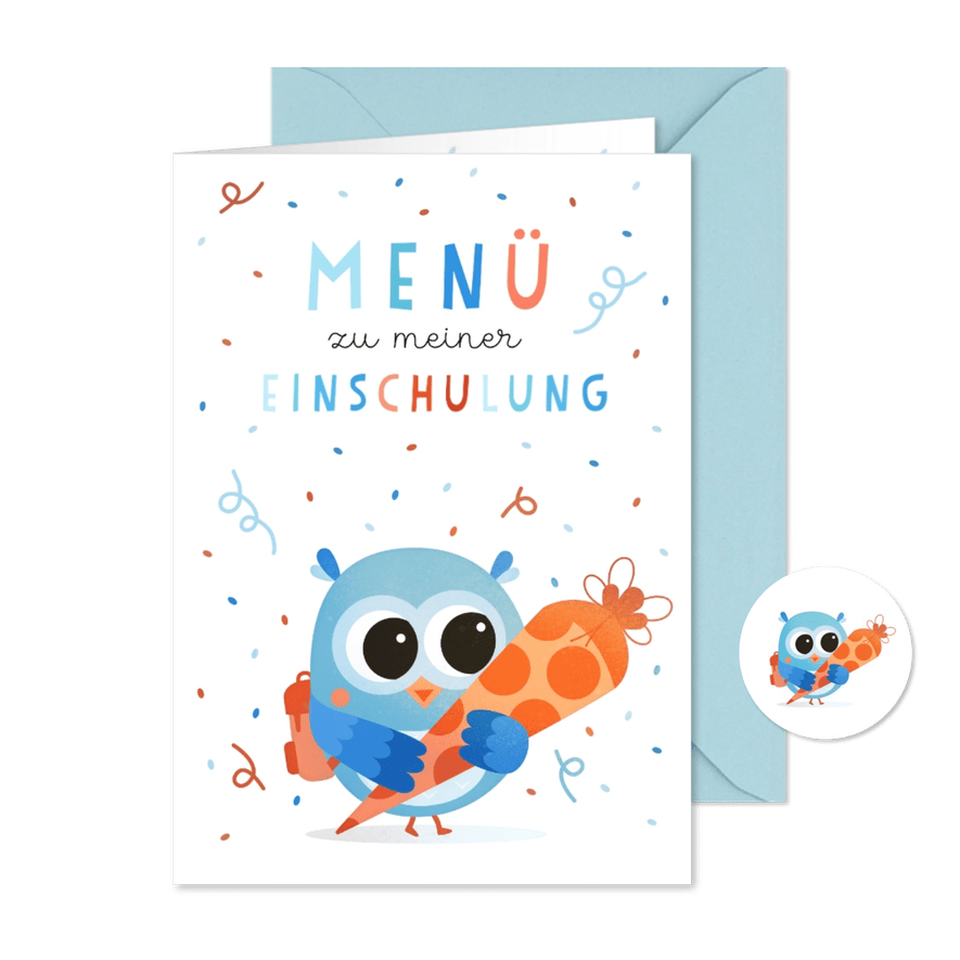 Menükarte Einschulung blaue Eule mit Schultüte - Karteneindruck