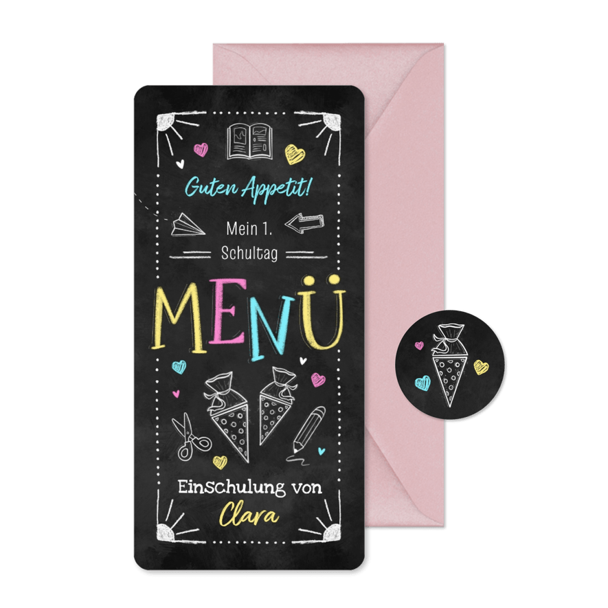 Menükarte Einschulung bunte Kreide Doodles - Karteneindruck
