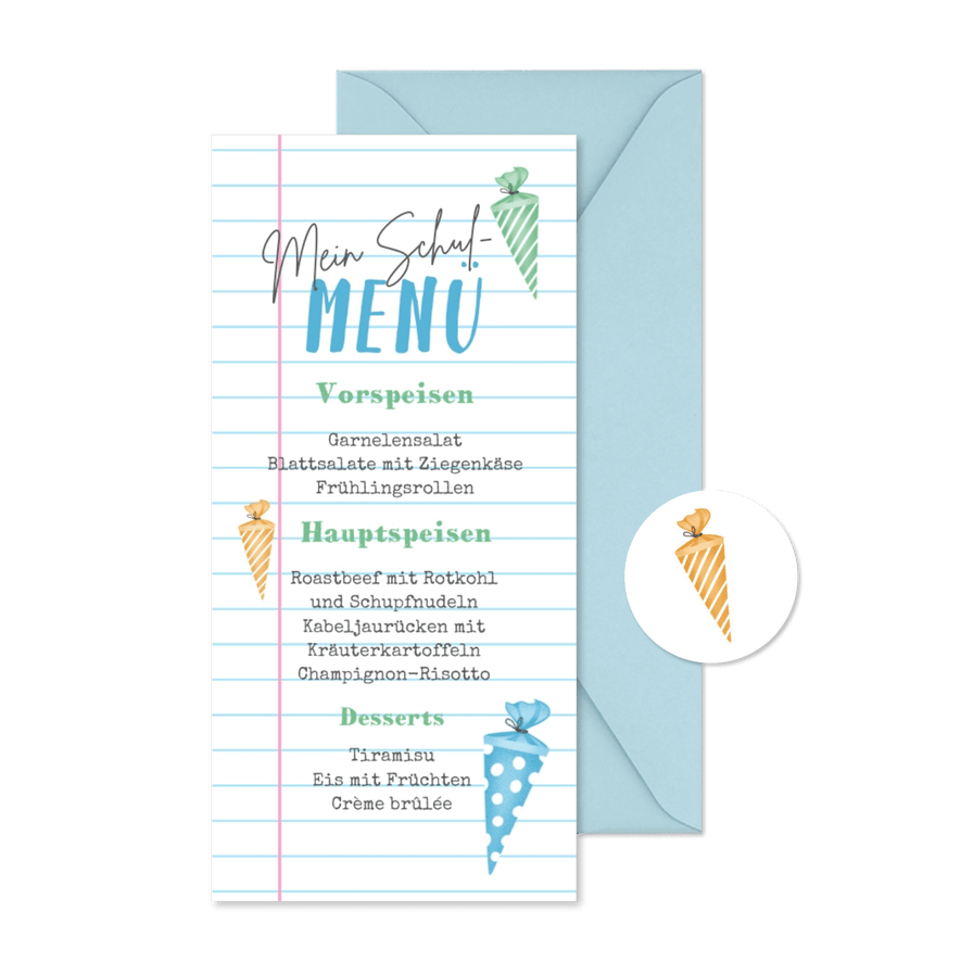 Menükarte Einschulung bunte Schultüten - Karteneindruck